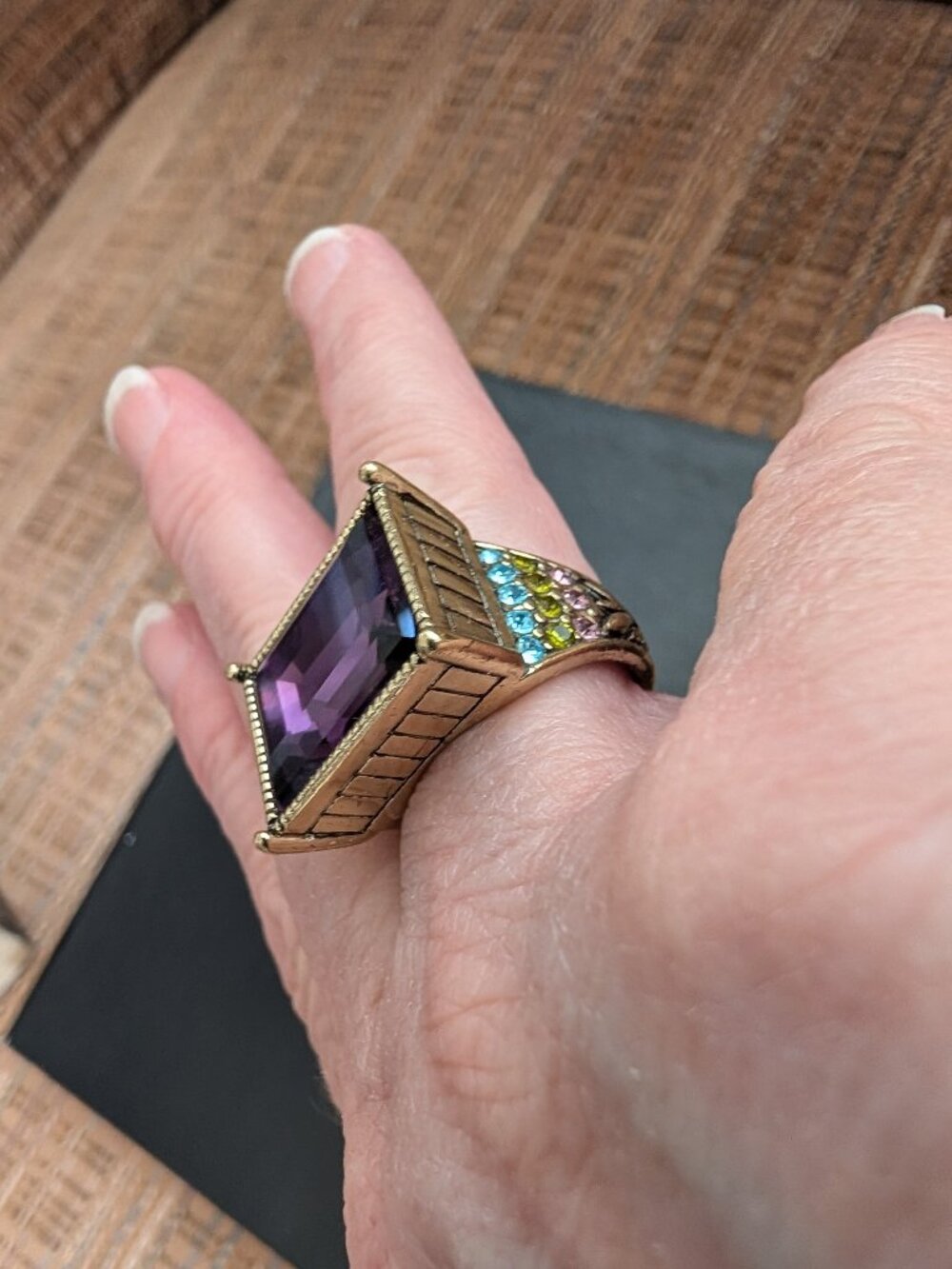 Heidi Daus Purple Cocktail Ring size 8. Blue and lime accent stones.